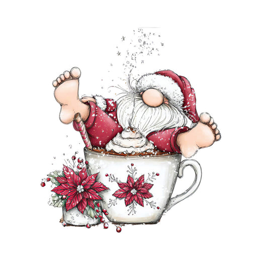 whimsical gnome, christmas mug, red santa hat, white beard, poinsettia flowers, hot cocoa, fabric panel, holiday design, festive illustration, burgundy red, cream white, green leaves, bare feet, cozy winter, seasonal motif, quilting cotton, decorative flora, christmas character, warm beverage, holiday fabric
