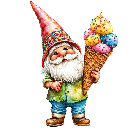 gnome, garden gnome, ice cream cone, colorful sprinkles, whimsical, festive, party, celebration, bright colors, red, yellow, blue, green, pink, gold, brown, cheerful, playful, children's, kids, summer, novelty, storybook, illustrated, fantasy, magical, fun, decorative