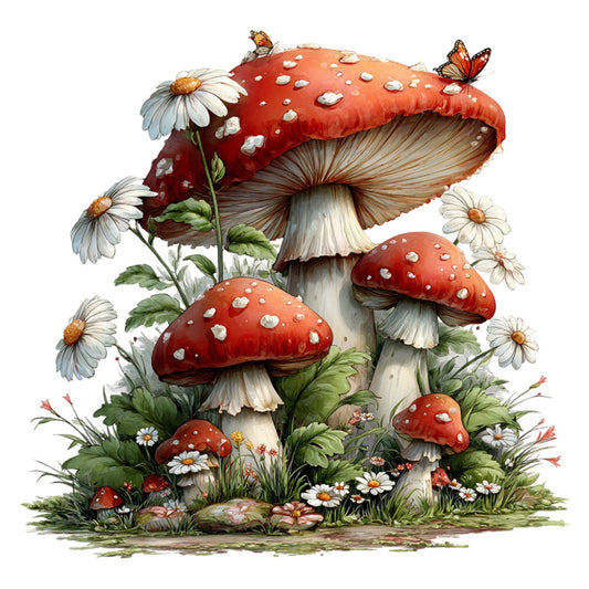 red mushroom, cream white, forest green, rust orange, whimsical, nature, botanical, fairy tale, woodland, mushroom, toadstool, daisy, butterfly, insects, cottage core, storybook, magical, enchanted forest, vintage illustration, children's, spring, summer, garden, wildflower, natural, rustic charm, illustrated, decorative panel, wall hanging