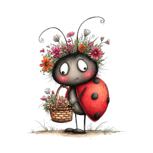 ladybug, whimsical, red, pink, orange, coral, black, charcoal gray, flowers, daisy, cosmos, floral, nature, insects, bugs, spring, summer, garden, cute, sweet, playful, children's, kids, cheerful, happy, folk art, storybook, illustrated, botanical, basket
