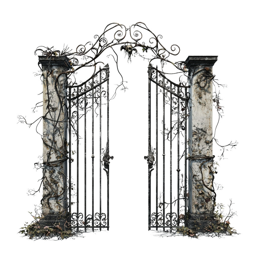 gothic gate, ornate ironwork, victorian architecture, haunted mansion, spooky, dark academia, black iron, stone columns, weathered, vintage gate, ornamental scrollwork, twisted vines, dead branches, ivy, creeping plants, moody aesthetic, dark gray, charcoal, beige stone, autumn gothic, Halloween, dark romance, elegant gothic, architectural detail, wrought iron, antique gate, baroque style, mysterious, dramatic, gloomy