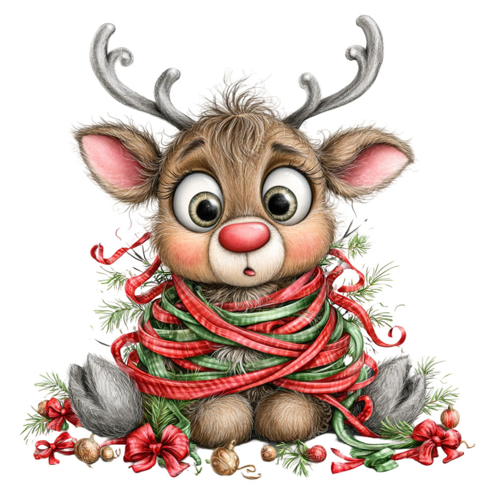 reindeer, christmas, holiday, red, green, tan, brown, pink, whimsical, cute, festive, rudolph, nose, antlers, ribbons, bows, pine needles, winter, seasonal, decorative, cheerful, playful, charming, traditional christmas, fabric panel, wall hanging, children's, novelty print, metallic accents, jolly