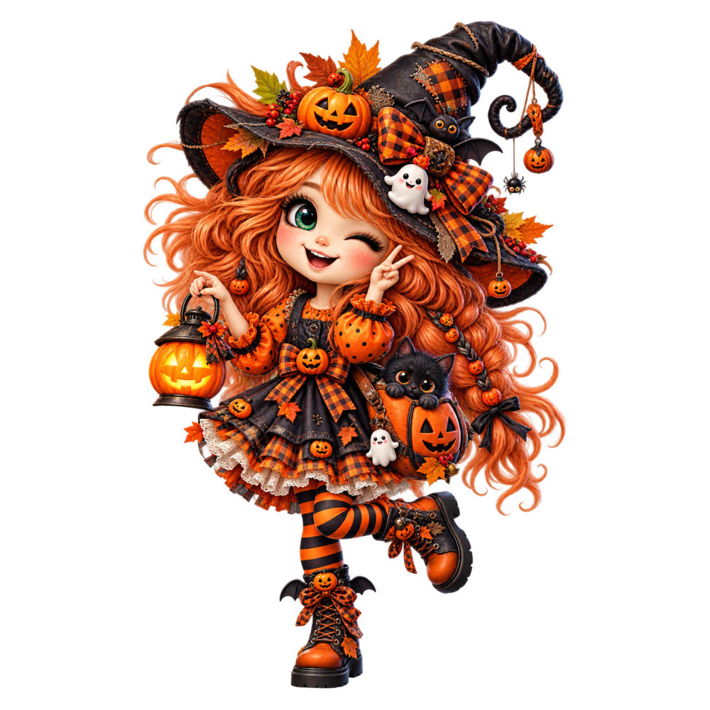 halloween, orange, black, autumn, fall, witch, pumpkin, jack-o-lantern, ghost, bat, spider, whimsical, cute, magical, playful, holiday, seasonal, children's, girl, festive, plaid, checkered, striped, lantern, leaves, spooky, fun, vibrant, cheerful, costume