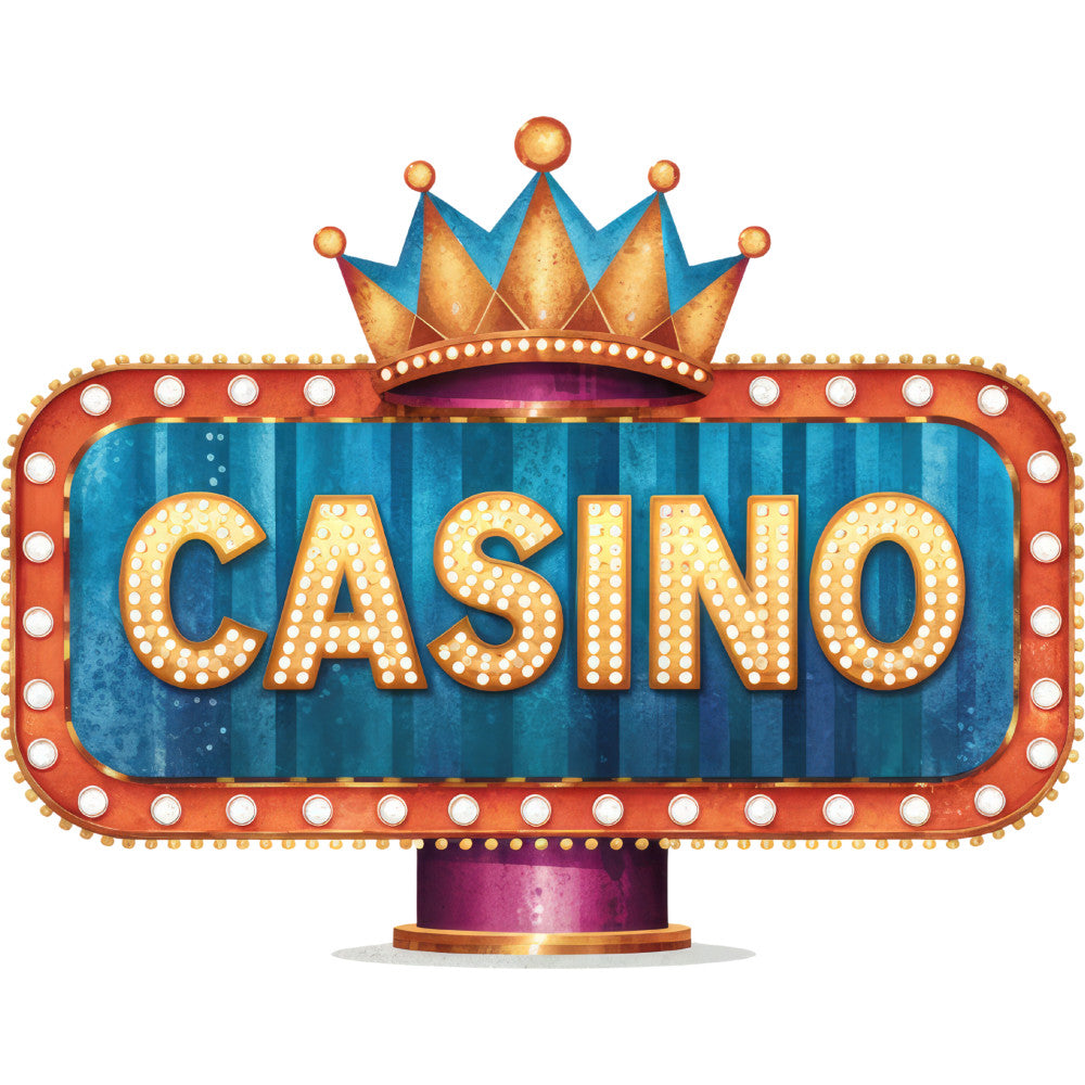 casino sign, neon lights, vintage marquee, crown design, blue background, orange border, yellow lettering, red accents, retro style, gambling theme, las vegas, entertainment, bulb lights, fabric panel, quilting cotton, novelty print, bright colors, striped pattern, decorative sign, vintage americana