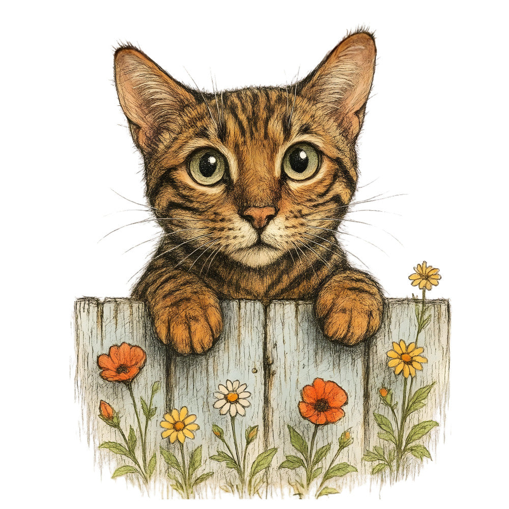 tabby cat, orange tabby, cat face, striped cat, flowers, wildflowers, orange poppies, yellow daisies, white daisies, garden flowers, wooden fence, rustic, whimsical, farmhouse, nature, animals, cat lover, pet themed, spring, summer, cottage core, folk art, illustrative, cute animals, green leaves, buds, charming, storybook illustration, woodland