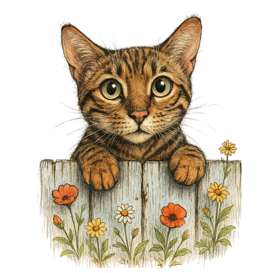 tabby cat, orange tabby, cat face, striped cat, flowers, wildflowers, orange poppies, yellow daisies, white daisies, garden flowers, wooden fence, rustic, whimsical, farmhouse, nature, animals, cat lover, pet themed, spring, summer, cottage core, folk art, illustrative, cute animals, green leaves, buds, charming, storybook illustration, woodland