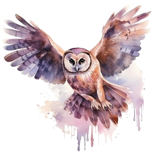 watercolor owl, flying owl, spread wings, purple tones, lavender shades, mauve colors, peachy hues, fabric panel, quilting cotton, watercolor art, bird illustration, owl in flight, soft pastels, artistic drips, nature theme, wildlife design, painterly style, dreamy atmosphere, craft fabric, sewing panel