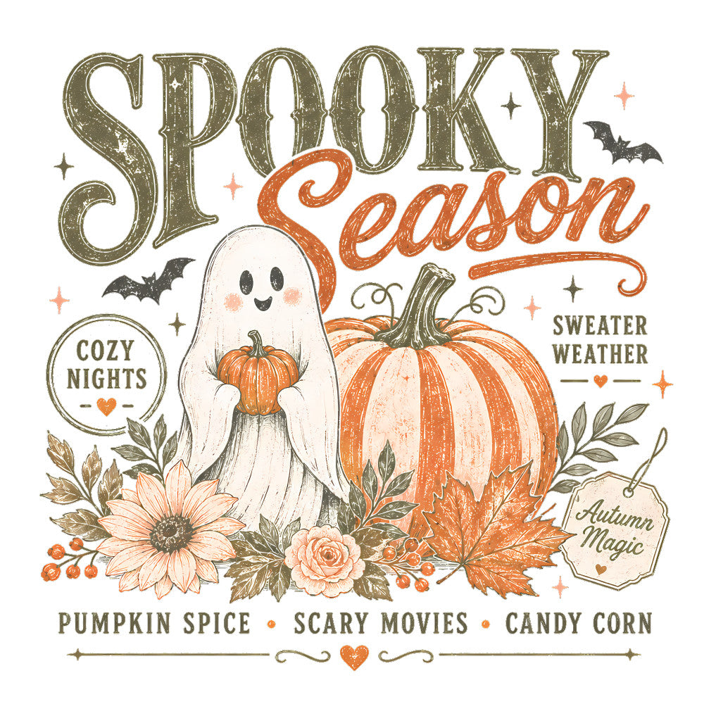 spooky season, halloween, autumn, fall, pumpkin, ghost, bats, pumpkin spice, cozy nights, sweater weather, autumn magic, scary movies, candy corn, orange, cream, olive green, sage green, rust, vintage, whimsical, rustic, floral, sunflower, roses, leaves, maple leaves, stars, hearts, celestial, seasonal