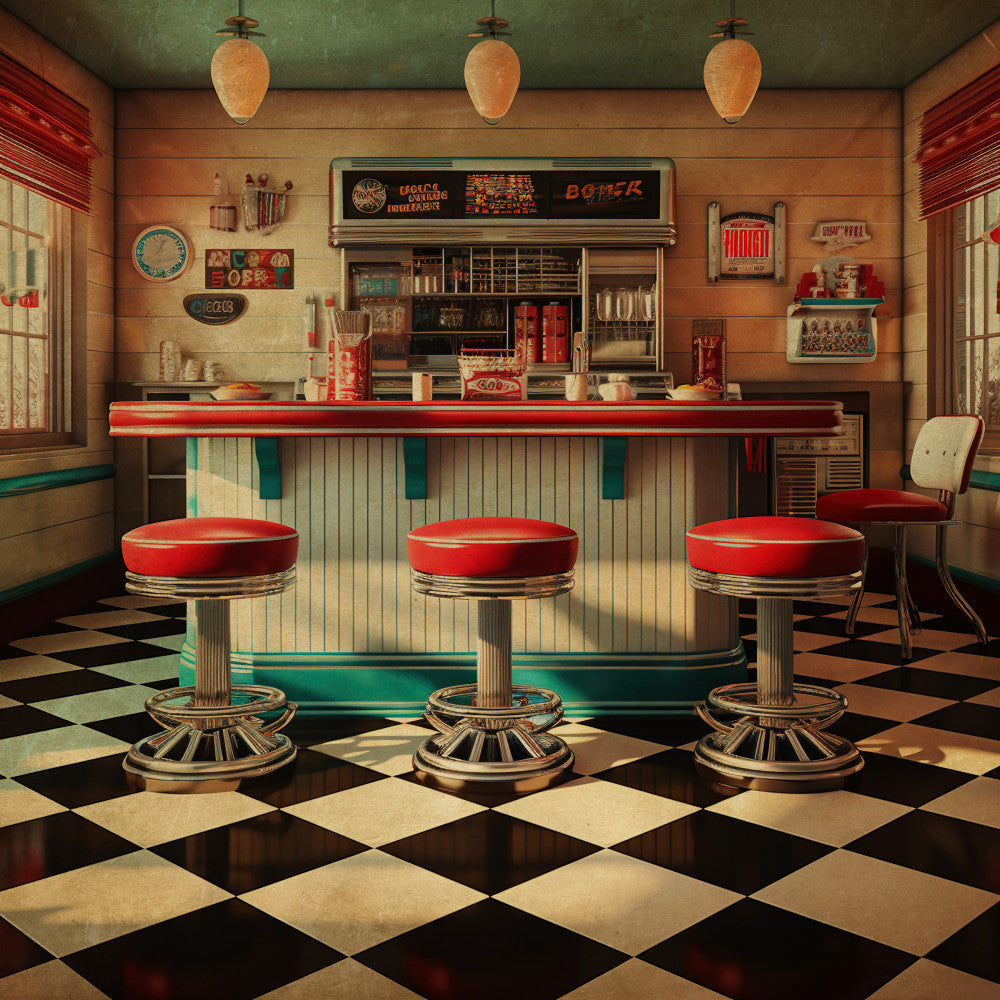 retro diner, vintage 1950s, red and turquoise, chrome details, mid-century modern, checkered floor, diner counter, soda shop, nostalgic americana, red vinyl seats, art deco, cream and black, green accents, kitchen theme, retro diner aesthetic, classic american, chrome and brass, diamond pattern, warm browns, teal green, cherry red, vintage kitchen, mid-century americana, diner memorabilia, retro color palette, timeless design, classic diner style, warm nostalgic, decorative signage theme