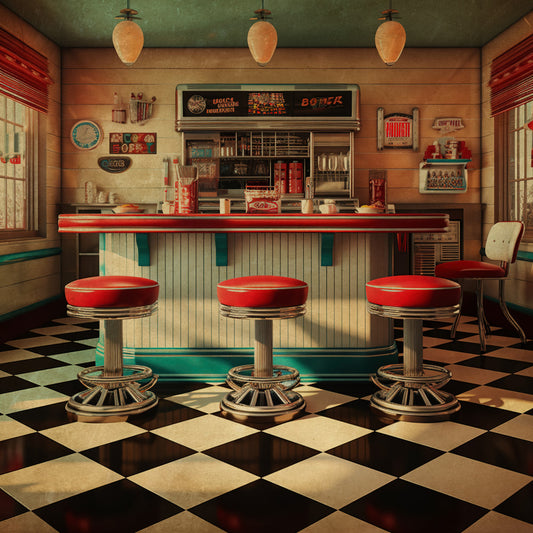 retro diner, vintage 1950s, red and turquoise, chrome details, mid-century modern, checkered floor, diner counter, soda shop, nostalgic americana, red vinyl seats, art deco, cream and black, green accents, kitchen theme, retro diner aesthetic, classic american, chrome and brass, diamond pattern, warm browns, teal green, cherry red, vintage kitchen, mid-century americana, diner memorabilia, retro color palette, timeless design, classic diner style, warm nostalgic, decorative signage theme