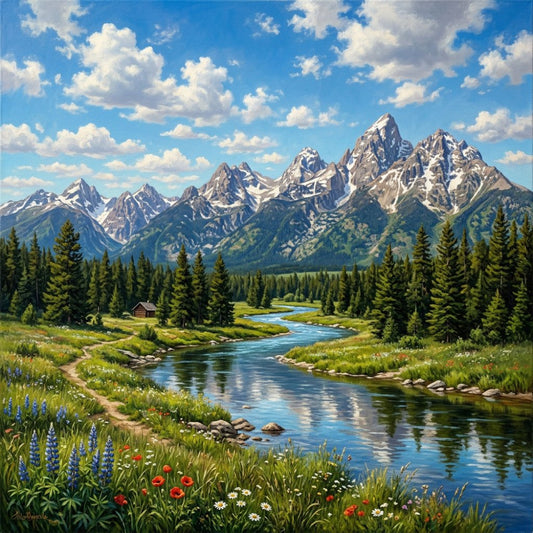 mountain landscape, snow-capped peaks, alpine scenery, forest green, sky blue, white snow, wildflowers, lupine flowers, red poppies, meadow flowers, river scene, stream, nature, scenic, outdoor, coniferous trees, evergreen forest, cabin, rustic, traditional, peaceful, serene, summer, spring, landscape quilt, wall hanging, nature lover, hiking themed, wilderness, majestic mountains