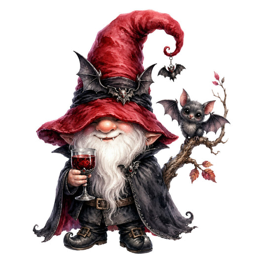 dark red, burgundy, wine red, charcoal gray, black, cream, white, gnome, wizard, bat, fantasy, whimsical, gothic, halloween, autumn, fall, magical, mystical, creature, dark fantasy, elf, pointed hat, enchanted, spooky, seasonal, decorative, dark aesthetic, vintage gothic, animal companion, magical creature