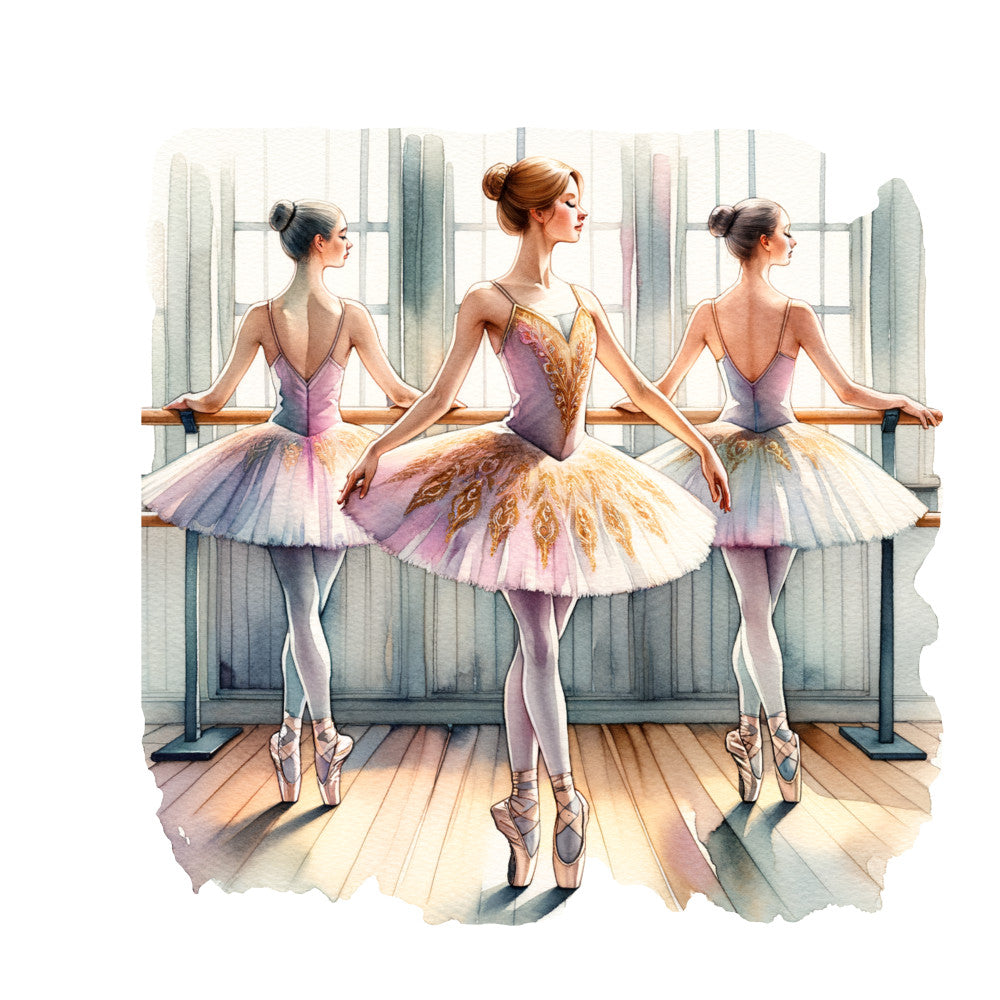 ballet dancers, ballerinas, tutus, pointe shoes, dance studio, barre, lavender, purple, gold accents, cream, soft pastels, watercolor style, elegant, graceful, fabric panel, quilting cotton, dance theme, performance costumes, wooden floor, mirrored studio, artistic illustration