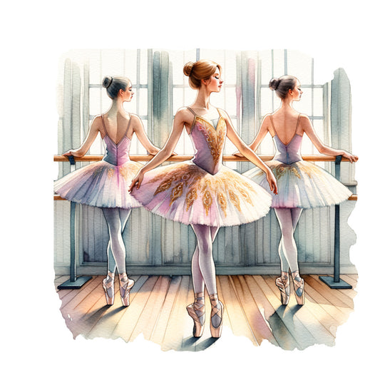 ballet dancers, ballerinas, tutus, pointe shoes, dance studio, barre, lavender, purple, gold accents, cream, soft pastels, watercolor style, elegant, graceful, fabric panel, quilting cotton, dance theme, performance costumes, wooden floor, mirrored studio, artistic illustration
