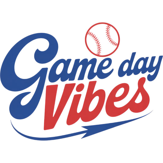 navy blue, red, white, baseball, sports, game day, vibes, baseball stitching, americana, patriotic, vintage, retro, classic, 1950s style, sports themed, athletic, casual, fun, playful, children's, kids, youth, hobby, leisure, summer, whimsical, bold lettering, script font, decorative elements, lightning bolt