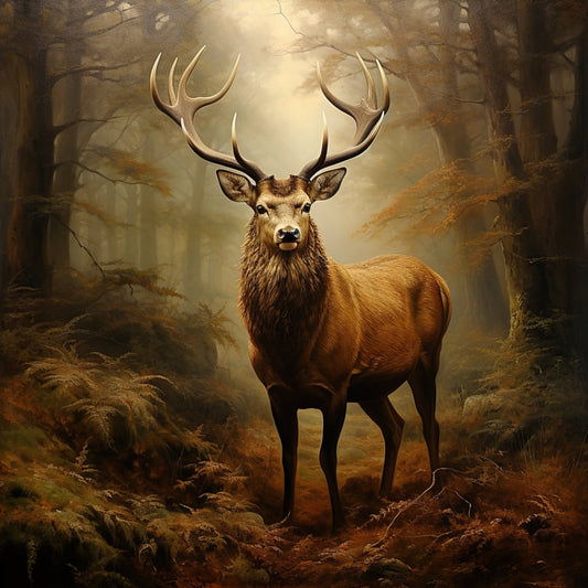 majestic deer, stag, buck, forest, woodland, nature, wildlife, animals, autumn, fall, brown, tan, cream, golden, earthy tones, misty, atmospheric, moody, dramatic, rustic, elegant, traditional, hunting lodge, cabin decor, nature lover, wild animal, antlers, horns, forest scene, scenic