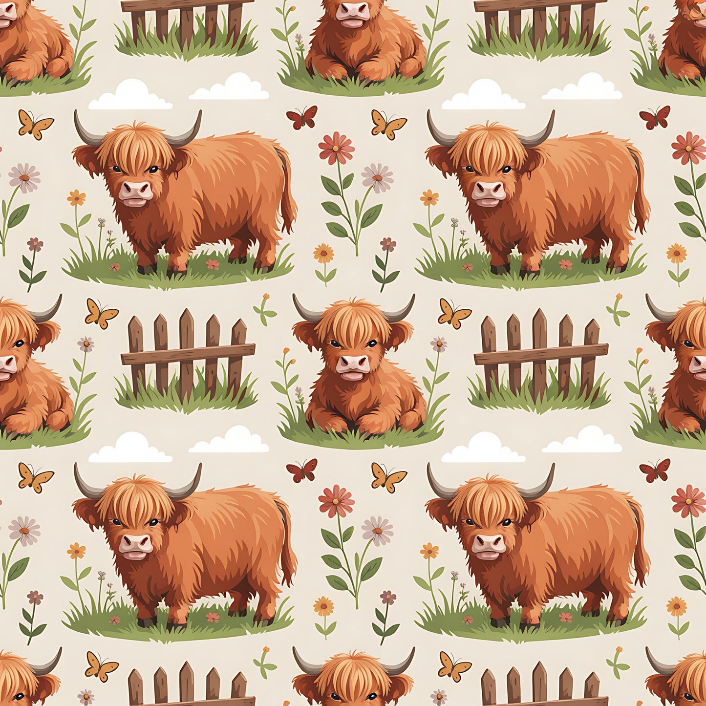 Cartoon Highland Cows Pattern 21 Quilting Cotton Fabric