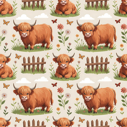 Cartoon Highland Cows Pattern 21 Quilting Cotton Fabric