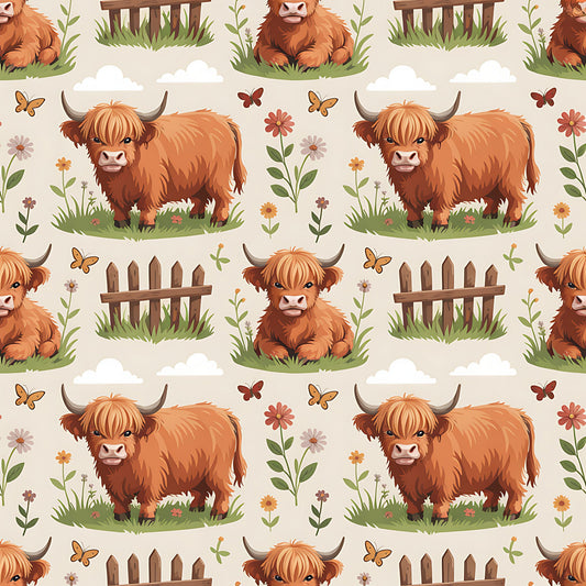 Cartoon Highland Cows Pattern 21 Quilting Cotton Fabric