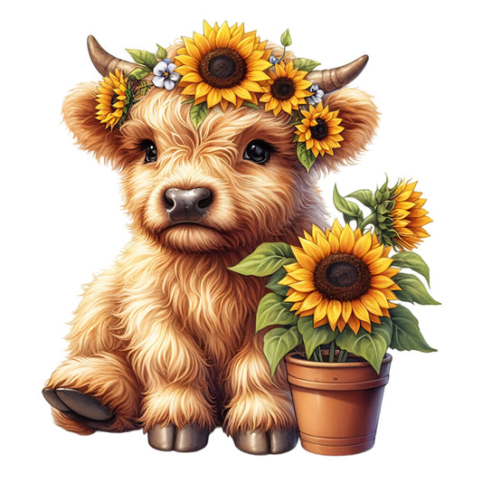Sunflower Highland Cows Fabric Panel 27 featuring a cute highland calf with sunflower crown and potted sunflowers on premium cotton.