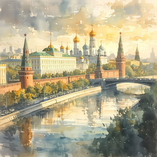 golden yellow, cream, soft blue, sage green, rust red, architectural, cityscape, buildings, churches, domes, crosses, bridges, water reflection, russian, european, vintage, elegant, traditional, landscape, travel, historic, cultural, detailed illustration, scenic, autumn, neutral tones, majestic, grandeur