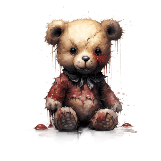 bear, teddy bear, cute animals, woodland creatures, children's, kids, whimsical, playful, cream, beige, tan, burgundy, dark red, blood red, black, gray, distressed, watercolor, artistic, painting, dark whimsy, gothic, creepy cute, damaged, worn, vintage toy, nursery, baby, decorative panel, wall art