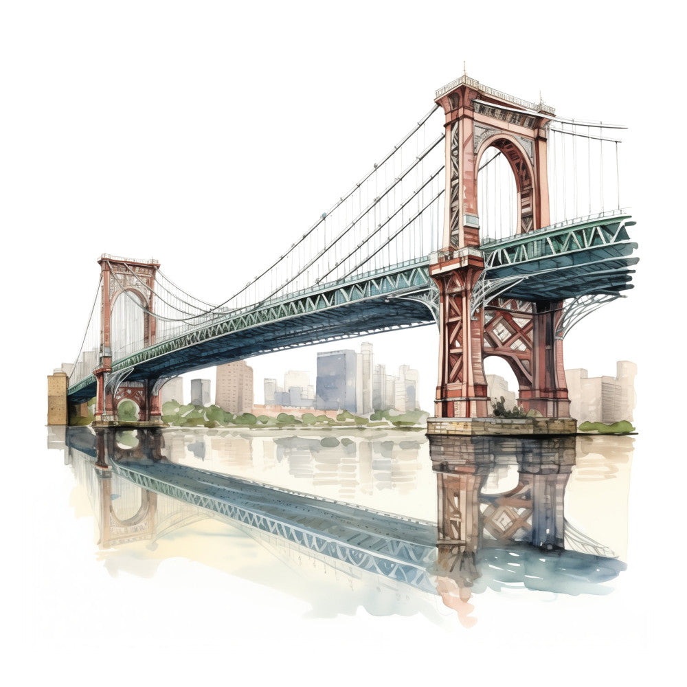 brooklyn bridge, nyc, new york city, urban landscape, cityscape, architectural, bridge, suspension bridge, red brick, steel blue, sage green, tan, beige, cream, watercolor, watercolor painting, illustration, vintage, nostalgic, travel themed, landmark, building skyline, scenic, elegant, sophisticated, architectural motif, east river, americana, city scene, home decor