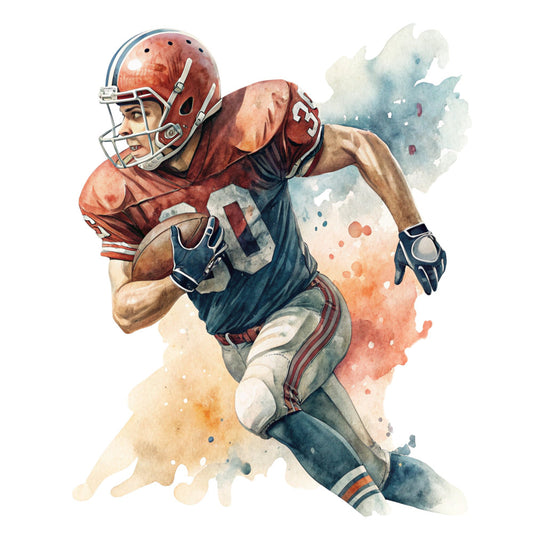 football, sports, watercolor, rust red, terracotta, cream, navy blue, teal, burnt orange, abstract, athletic, masculine, vintage sports, americana, action pose, player, helmet, gridiron, touchdown, watercolor splatter, modern sports, casual style, home decor, wall art, sports enthusiast, rust and navy, varsity style