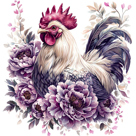 rooster, floral, purple flowers, burgundy comb, cream feathers, dark tail feathers, peonies, botanical design, watercolor style, fabric panel, quilting cotton, farmhouse theme, countryside motif, soft pastels, detailed illustration, ornate flowers, poultry art, lavender tones, decorative panel, crafting fabric