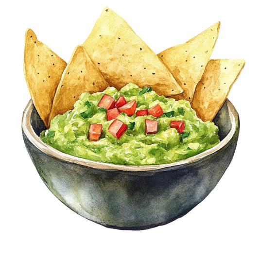 guacamole, chips and dip, food, mexican cuisine, lime green, avocado green, red pepper, gold, tan, tortilla chips, salsa, food illustration, culinary, kitchen, foodie, mexican food, appetizers, snacks, dip bowl, rustic pottery, whimsical, food art, casual dining, southwest, fiesta, entertaining, kitchen decor, recipe-inspired, culinary art