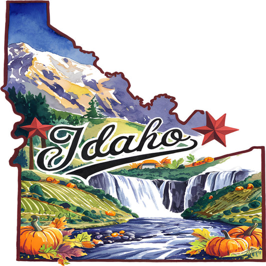 Classic US States Fabric Panel 44 featuring Idaho with mountains, waterfall, pumpkins, and farmland in vibrant quilting cotton design.