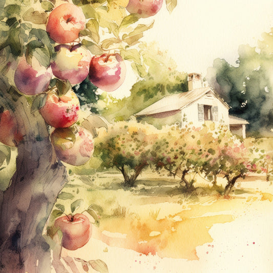 apple orchard, watercolor, rustic farmhouse, cottage, vintage, pastoral, nature scene, countryside, harvest, autumn, fall, red apples, blush pink, cream, sage green, olive green, soft colors, watercolor painting, orchard house, traditional, nostalgic, botanical, trees, fruit trees, peaceful, serene, landscape, french country, homestead, apple picking
