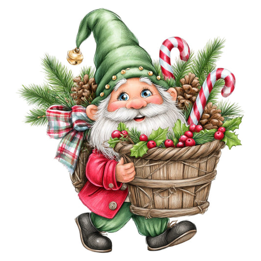 gnome, christmas, holiday, festive, whimsical, red, green, cream, gold, candy cane, pine cones, holly berries, plaid ribbon, basket, traditional, vintage, seasonal, winter, decorative, cheerful, jolly, rustic, classic, red and green, evergreen branches, festive gnome, holiday gnome, christmas gnome, tabletop decoration, wall hanging
