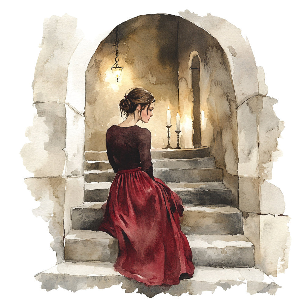burgundy, wine red, cream, beige, tan, brown, sepia, vintage, romantic, elegant, classical, architectural, staircase, woman, portrait, figure, historical, nostalgic, european, timeless, watercolor, illustration, dramatic lighting, candlelit, period dress, ornate arch, stone, castle, gothic, traditional