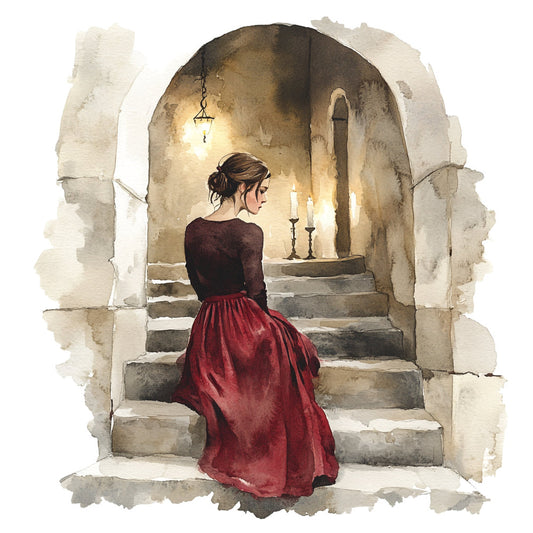 burgundy, wine red, cream, beige, tan, brown, sepia, vintage, romantic, elegant, classical, architectural, staircase, woman, portrait, figure, historical, nostalgic, european, timeless, watercolor, illustration, dramatic lighting, candlelit, period dress, ornate arch, stone, castle, gothic, traditional