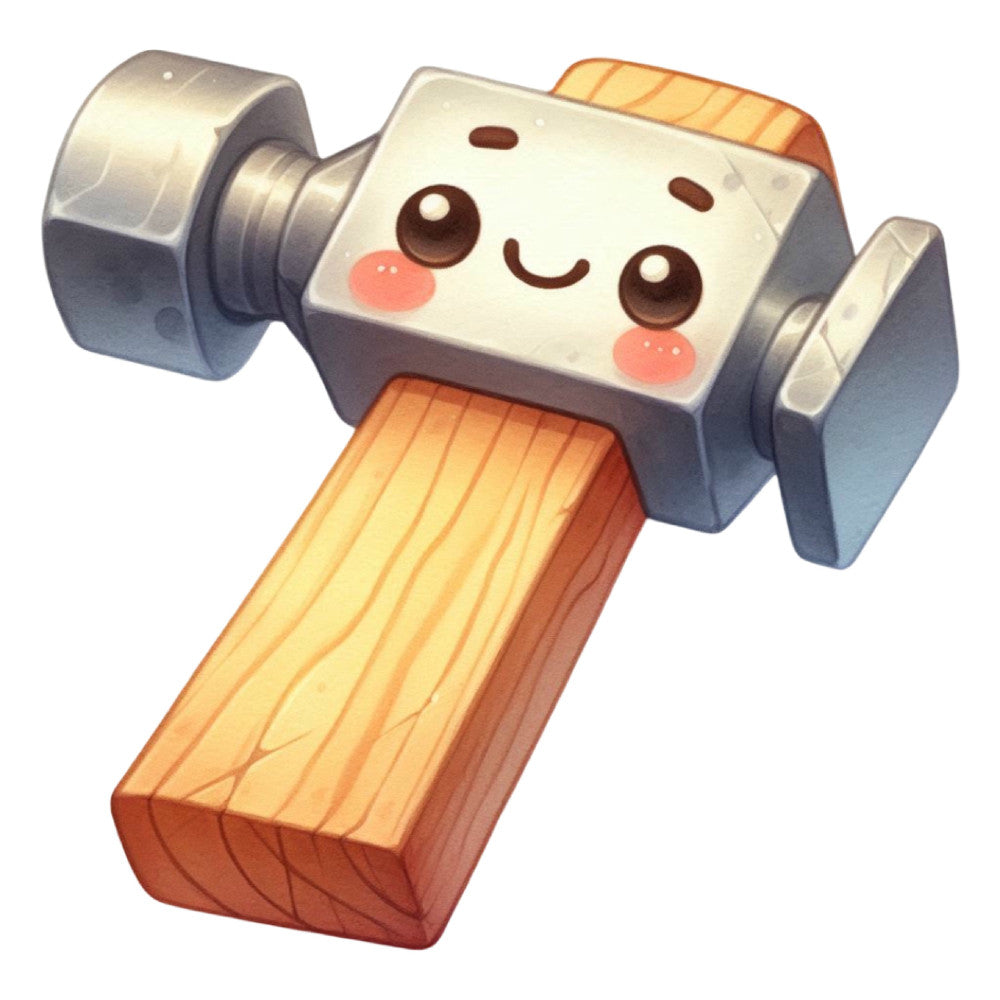 cute character, smiling face, anthropomorphic, kawaii, whimsical, children's, baby, playful, wooden hammer, metallic silver, natural wood, golden yellow, warm beige, cream, coral pink, brown accents, tool themed, construction, playful character, cheerful, child friendly, nursery, kids room decor, beginner friendly, charming, innocent, friendly expression, gentle colors