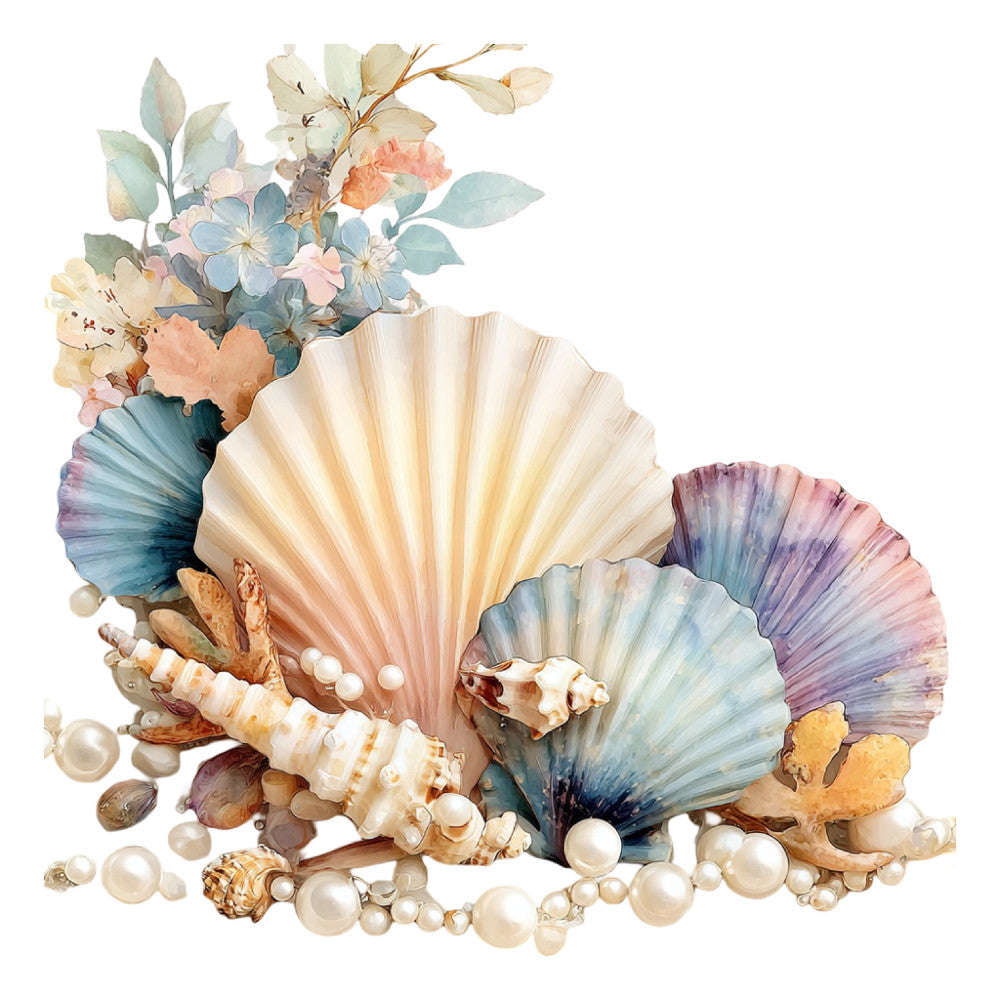 seashell, coastal, nautical, beach, ocean, pearls, floral, flowers, blue, teal, cream, ivory, peach, coral pink, dusty rose, purple, lavender, elegant, romantic, botanical, nature, seaside, summer, spring, shells, aquatic, watercolor, soft colors, delicate, feminine