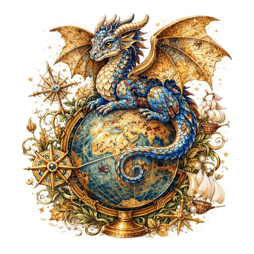 dragon, fantasy, celestial, steampunk, vintage, gold, navy blue, blue, cream, ornate, compass rose, sailing ships, globe, map, adventure, magical, whimsical, elegant, baroque, baroque scroll, stars, maritime, nautical, bronze, antique, baroque ornament, decorative, fantasy creature, adventure theme, travel theme