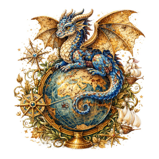 dragon, fantasy, celestial, steampunk, vintage, gold, navy blue, blue, cream, ornate, compass rose, sailing ships, globe, map, adventure, magical, whimsical, elegant, baroque, baroque scroll, stars, maritime, nautical, bronze, antique, baroque ornament, decorative, fantasy creature, adventure theme, travel theme