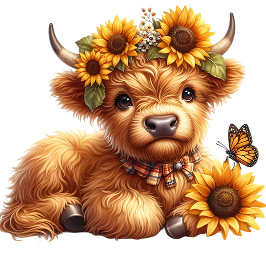 Sunflower Highland Cows Fabric Panel 16 features a cute calf with sunflowers and a butterfly in premium quilting cotton.