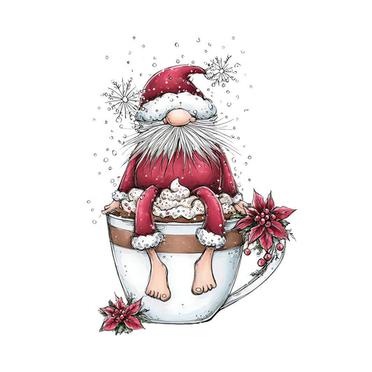 christmas gnome, hot chocolate mug, red santa hat, white beard, burgundy clothing, snowflakes, poinsettia flowers, whimsical illustration, holiday fabric panel, winter scene, cute character, festive design, fabric crafting, quilting panel, seasonal motif, cozy atmosphere, christmas decor fabric, gnome sitting, holiday beverages, winter wonderland