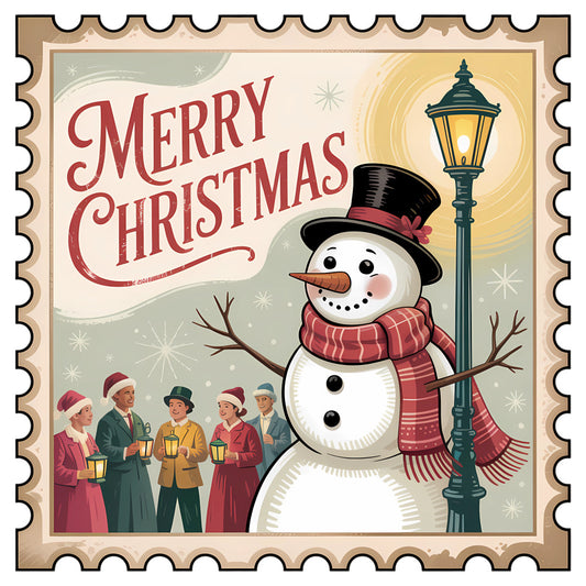 Vintage Christmas Stamps Fabric Panel 30 featuring a snowman, vintage carolers, and a street lamp in festive holiday design.