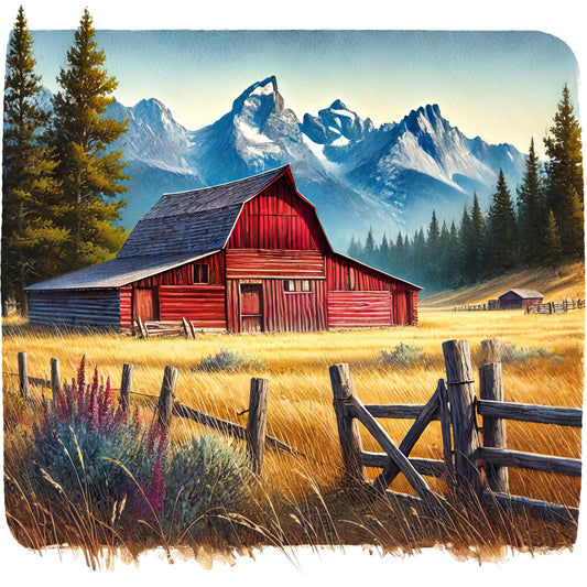 red barn, mountain landscape, wooden fence, golden grass, evergreen trees, snow-capped peaks, rustic scene, fabric panel, quilting cotton, scenic vista, autumn colors, weathered wood, pastoral setting, nature scene, western landscape, wilderness theme, outdoor motif, country barn, alpine mountains, rural farmstead