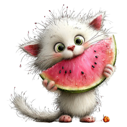 whimsical, cat, watermelon, pink, white, cream, red, green, animal, cute, playful, illustration, children's, nursery, modern, fantasy, fruit, nature-inspired, cheerful, happy, bright, detailed, artistic, print, summer, spring, baby quilt, wall hanging, decorative panel, character fabric