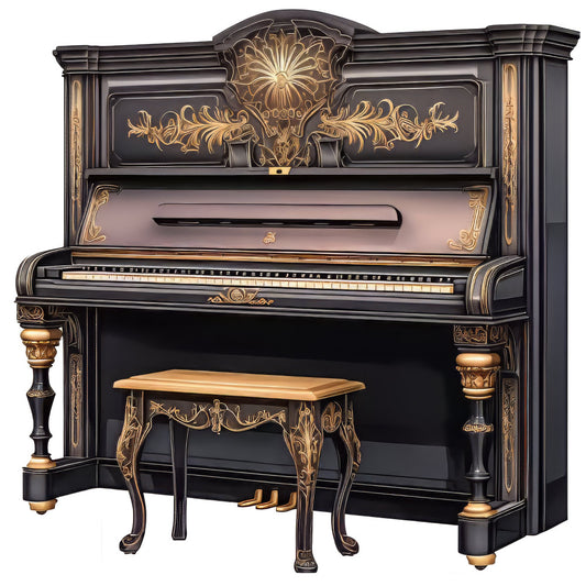 black, gold, ornate, vintage, classical, musical instrument, piano, elegant, traditional, baroque, decorative, floral scrolls, ornamental, steampunk, victorian, antique, luxury, sophisticated, architectural, detailed, gilded, upholstered bench, music room, parlor, nostalgia, retro, high-end, brass accents