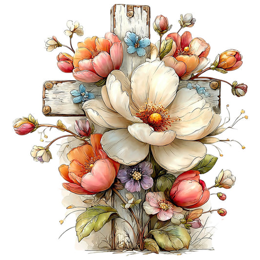fabric panel, floral cross, weathered wood, cream flowers, coral blooms, peach petals, blue blossoms, purple flowers, orange roses, vintage style, rustic design, watercolor illustration, botanical motif, quilting cotton, spring flowers, mixed bouquet, wooden cross, soft pastels, delicate buds, garden flowers