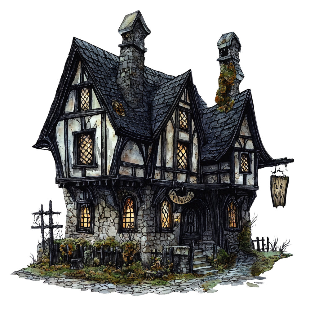 haunted house, gothic, spooky, halloween, dark fantasy, black, charcoal gray, cream, stone gray, architectural, whimsical, eerie, mysterious, cottage core, fantasy, witchy, supernatural, creepy, dark academia, timber frame, cross hatching, detailed illustration, vintage gothic, moody, atmospheric, graveyard, tombstones, autumn, horror, magical