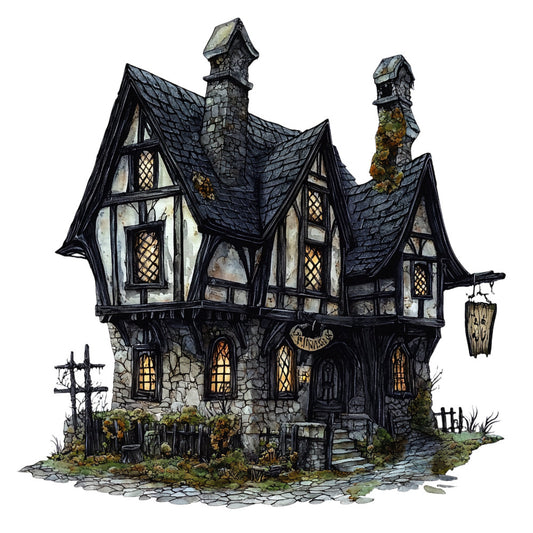 haunted house, gothic, spooky, halloween, dark fantasy, black, charcoal gray, cream, stone gray, architectural, whimsical, eerie, mysterious, cottage core, fantasy, witchy, supernatural, creepy, dark academia, timber frame, cross hatching, detailed illustration, vintage gothic, moody, atmospheric, graveyard, tombstones, autumn, horror, magical