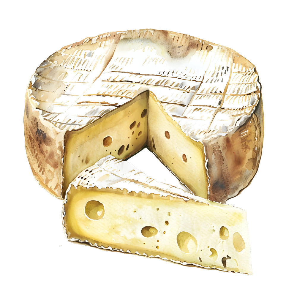 cheese, food, gourmet, artisan, culinary, cream, pale yellow, butter yellow, tan, beige, brown, realistic, food illustration, farmhouse, rustic, vintage, traditional, culinary art, kitchen, cooking, food themed, food motif, holes, swiss cheese, cheddar, food and beverage, gourmet kitchen, culinary themed, food lover gift
