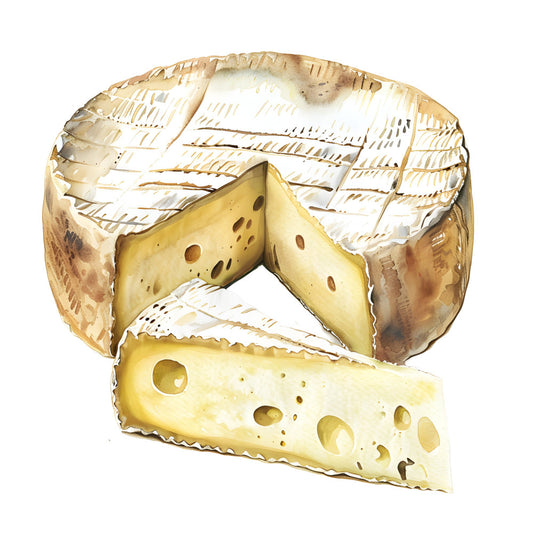 cheese, food, gourmet, artisan, culinary, cream, pale yellow, butter yellow, tan, beige, brown, realistic, food illustration, farmhouse, rustic, vintage, traditional, culinary art, kitchen, cooking, food themed, food motif, holes, swiss cheese, cheddar, food and beverage, gourmet kitchen, culinary themed, food lover gift